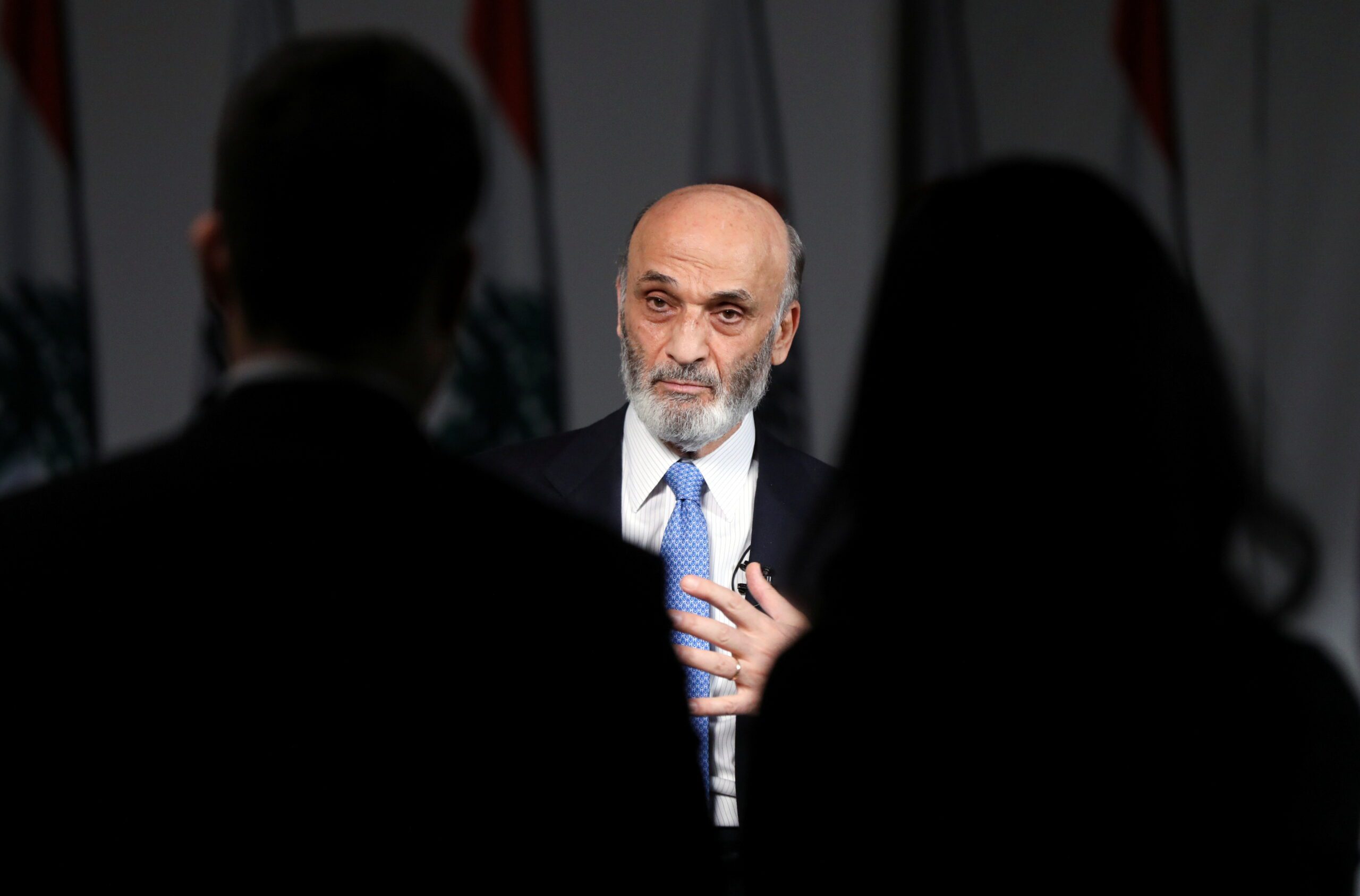 Samir Geagea, the leader of Lebanon’s Christian Lebanese Forces party, speaks during an interview with Reuters at his residence in Maarab تهنئة قوّاتية للامارات العربية