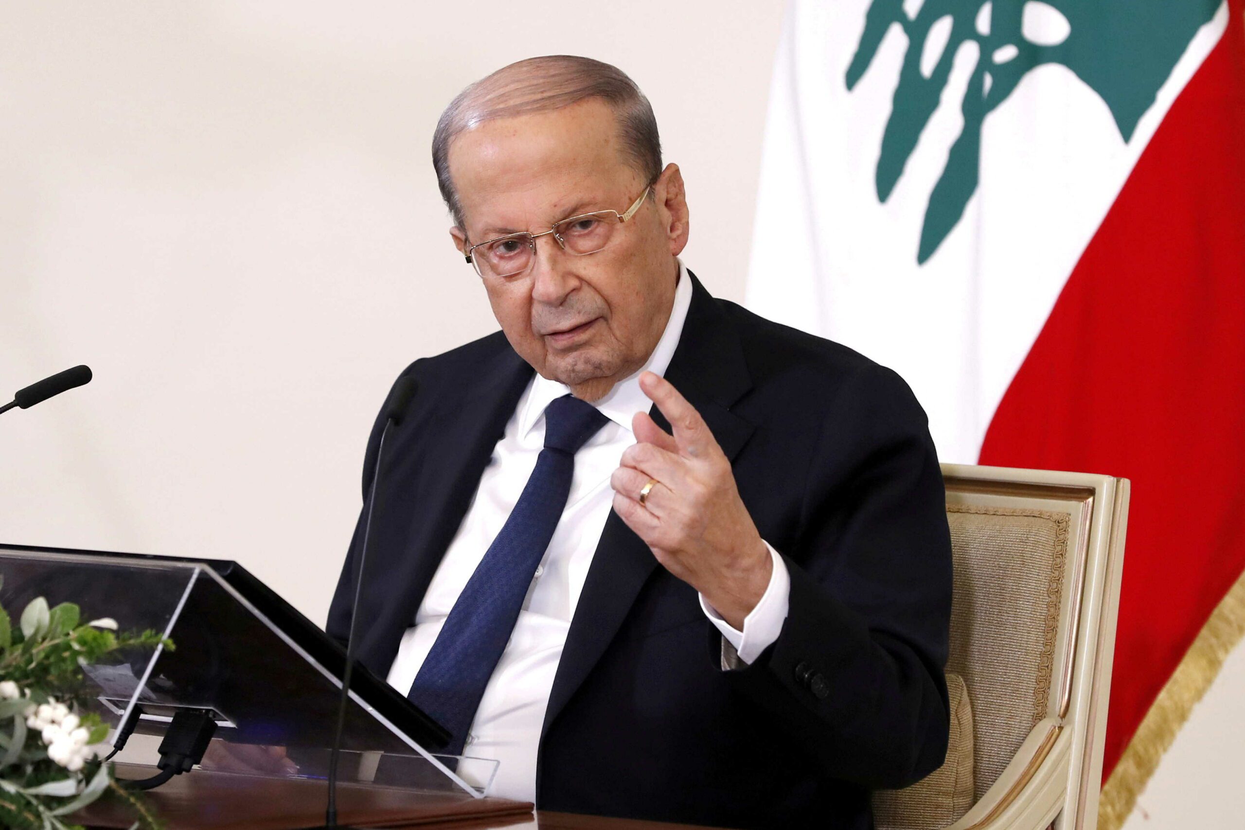 FILE PHOTO: Lebanon’s President Michel Aoun speaks during a news conference at the presidential palace in Baabda الرئيس عون: الرئاسة خارج دائرة الاستهداف