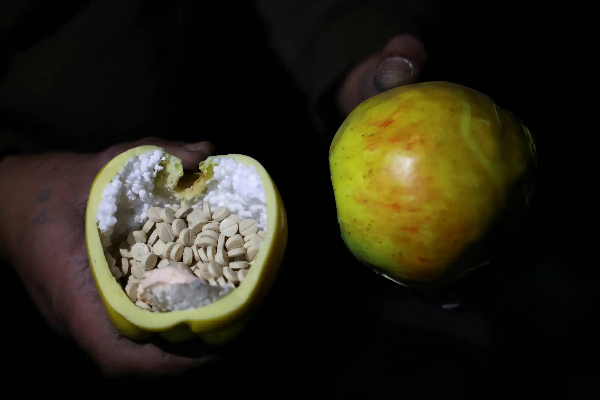 Pills, which, according to fighters loyal to the new ruling Syrian body, are captagon, are placed inside an apple-shaped container, on the outskirts of Damascus كبتاغون9